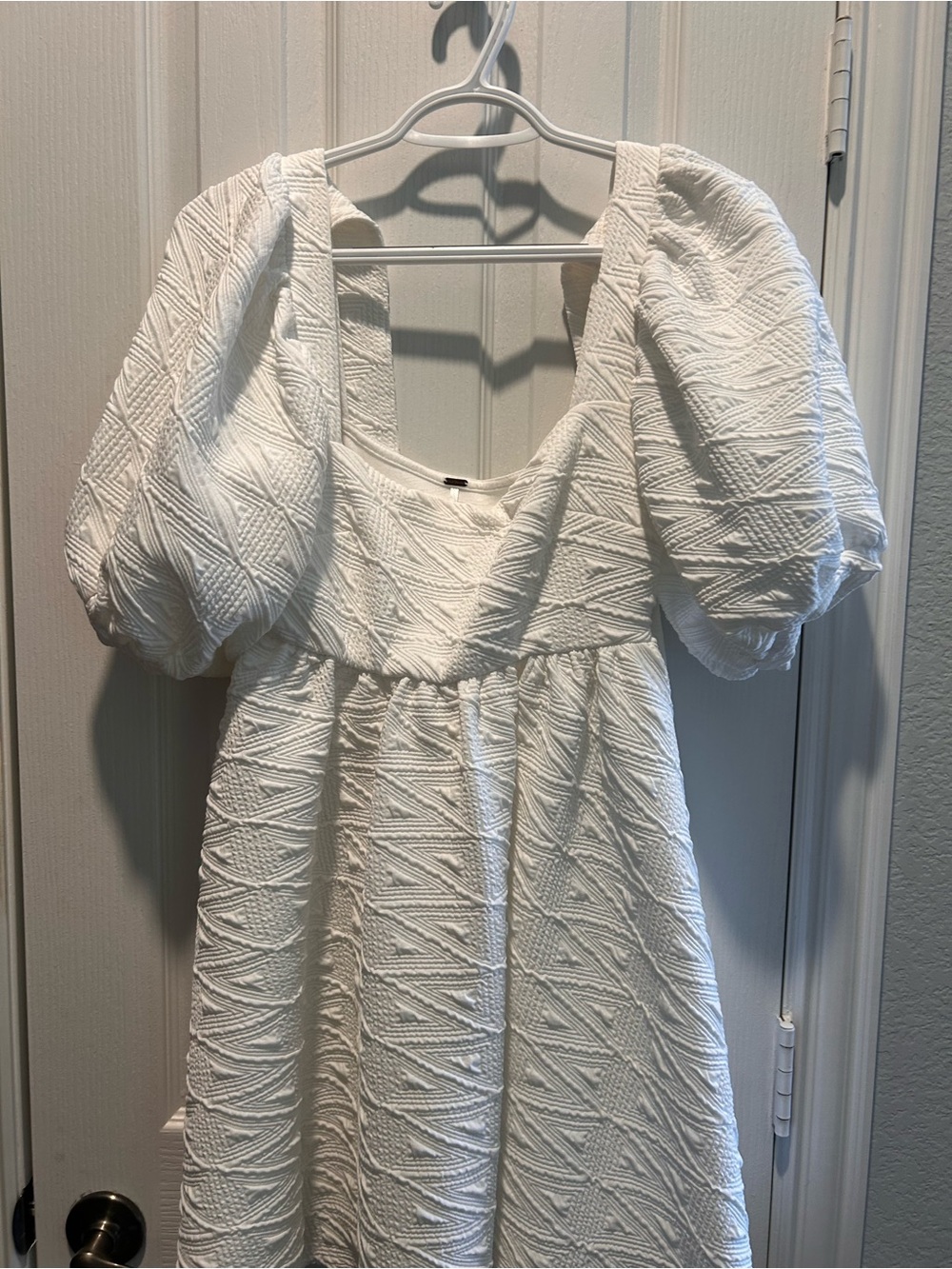 Free People White Textured Puff-Sleeve Mini Dress